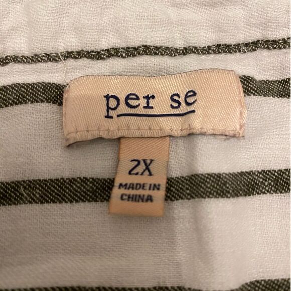 Per Se White and Green Striped Collared V Neck Rolled Sleeve Shift Shirt - Picture 6 of 9